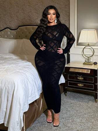 NU&NOW Vestido largo de malla sexy y ajustado para mujer de talla grande