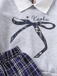2pcs/Set Tween Girls Pink And White,Autumn,Cute,School,Back-To-School Cookie Bow Decor Outfit,Light Gray Collared Sweatshirt & Plaid Pleated Skirt - Royal Blue - View 4