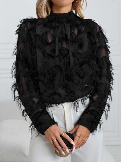 EMERY ROSE Plus Size Women's Solid Color Stand Collar Long Sleeve Fashionable Eyelash Chiffon Semi-Sheer Blouse