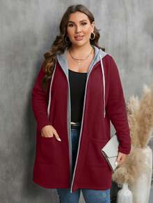 SHEIN PETITE CURVE Abrigo con capucha con cordón y bolsillos para mujer talla grande de invierno - Rojo - Ver 4