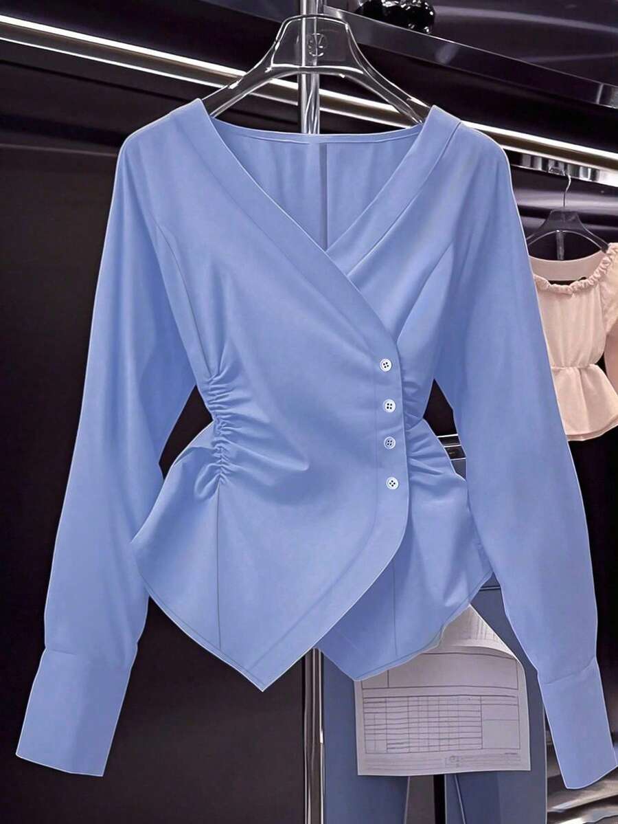 Franclia 女士优雅V领褶皱腰身衬衫，简约纯色，适合春秋季休闲穿着，春季适合大学校园，秋季适合女性穿着。 - 藍色 - 查看 1