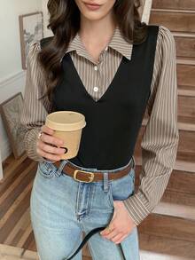 Elyressa Women's Striped Patchwork Shirt Collar 2 In 1 Long Sleeve Casual Top - Multicolor - View 5