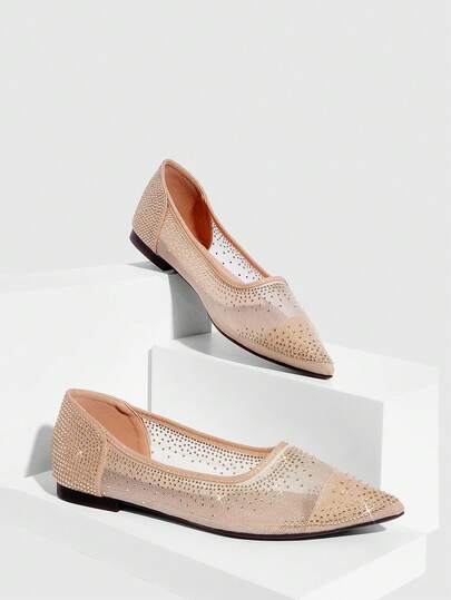 CUCCOO SZL 香槟色网眼和水钻装饰尖头优雅舒适性感百搭女士平底鞋
