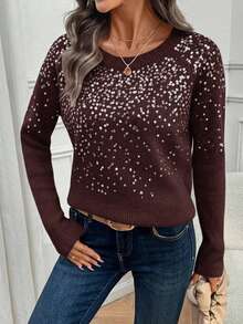 EMERY ROSE 女士亮片装饰圆领长袖毛衣 - 酒紅色 - 查看 6