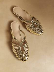 Rosivie Sandalias planas romanas tejidas a mano para mujer, con cierre deslizante y punta cerrada, adecuadas para fiestas, eventos, festivales, discotecas, zapatos planos sexy para otoño - Dorado - Ver 4