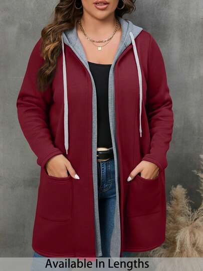 SHEIN PETITE CURVE Abrigo con capucha con cordón y bolsillos para mujer talla grande de invierno