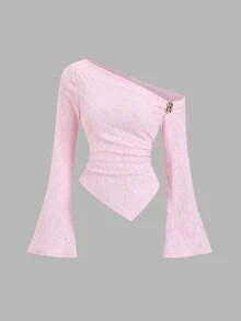 Sweetra Sexy Asymmetric Shoulder Textured Fabric Asymmetrical Hem Casual Top - Pink - View 3