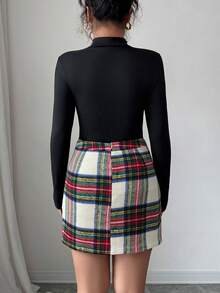 SHEIN Elenzya 2pcs Casual Elegant Retro Party Plaid T-Shirt And Skirt Set For Women - Multicolor - View 2