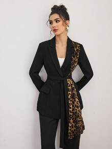 Modelyn 女士豹纹拼接设计优雅修身黑色西装外套 - 黑色 - 查看 5