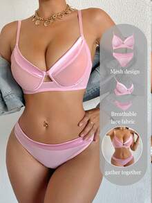 SHEIN Women's Solid Color Spaghetti Strap Hollow Out Bust Design Sweet Lingerie And Panty Set - Pink - View 1