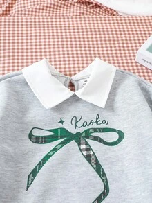 Bộ 2 món trang phục phong cách đại học cho bé gái tuổi teen, áo nỉ cổ bẻ màu xám nhạt + chân váy xếp ly kẻ caro đỏ và nâu, bộ đồ đôi năng động dành cho bé gái, thu/đông - Màu xanh lá cây đậm - Xem 4