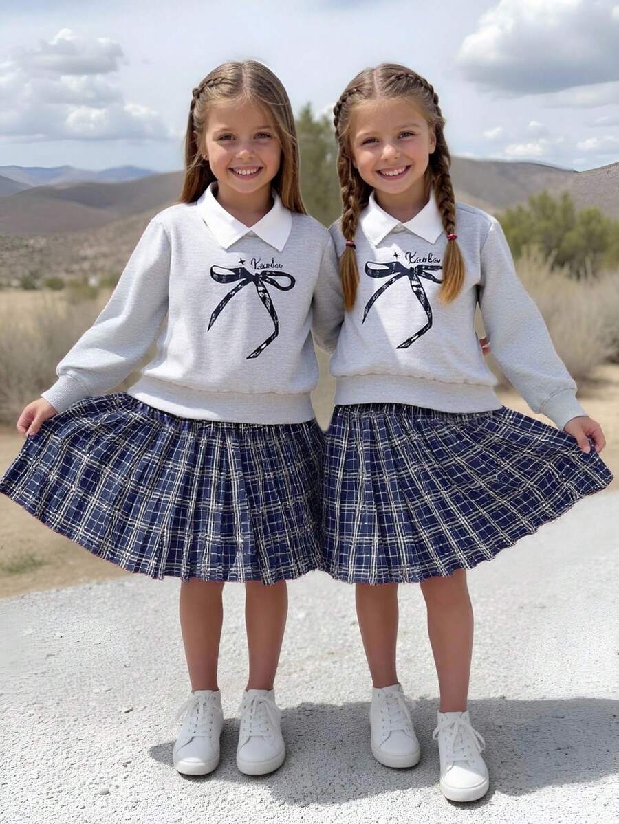 2pcs/Set Tween Girls Pink And White,Autumn,Cute,School,Back-To-School Cookie Bow Decor Outfit,Light Gray Collared Sweatshirt & Plaid Pleated Skirt - Royal Blue - View 1