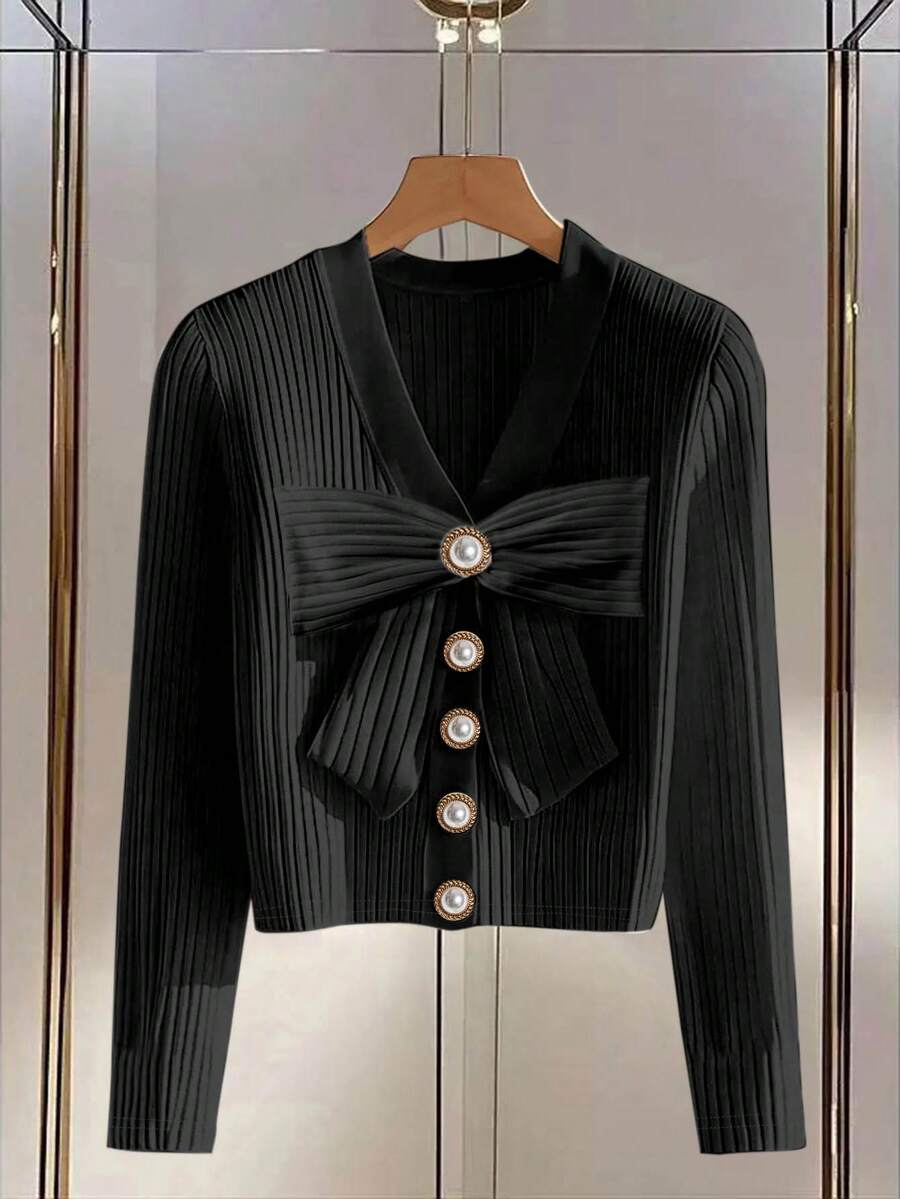 GlowEve Women's Pearl Button Decorated Black Long Sleeve T-Shirt - Black - View 1