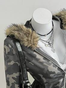 Elamini Women's Olive Green Camouflage Print Faux Fur Collar Splice Long Sleeve Slim Zip-Up Hooded Sweatshirt, Casual Autumn/Winter Wear, Suitable For School, Graduation, Commuting, Leisure And Home - Army Green - View 7