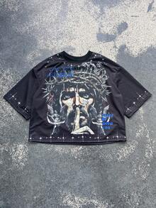 ROMWE MEN Camiseta de manga corta con estampado gráfico para hombre, corte holgado - Negro - Ver 1