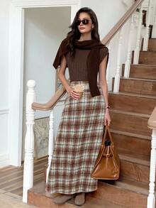 Elyressa Plaid Wool A-Line Waist Flared Casual Skirt For Women - Khaki - View 7