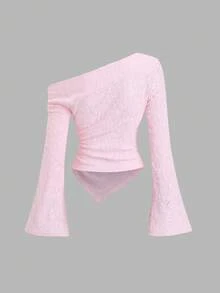 Sweetra Sexy Asymmetric Shoulder Textured Fabric Asymmetrical Hem Casual Top - Pink - View 2