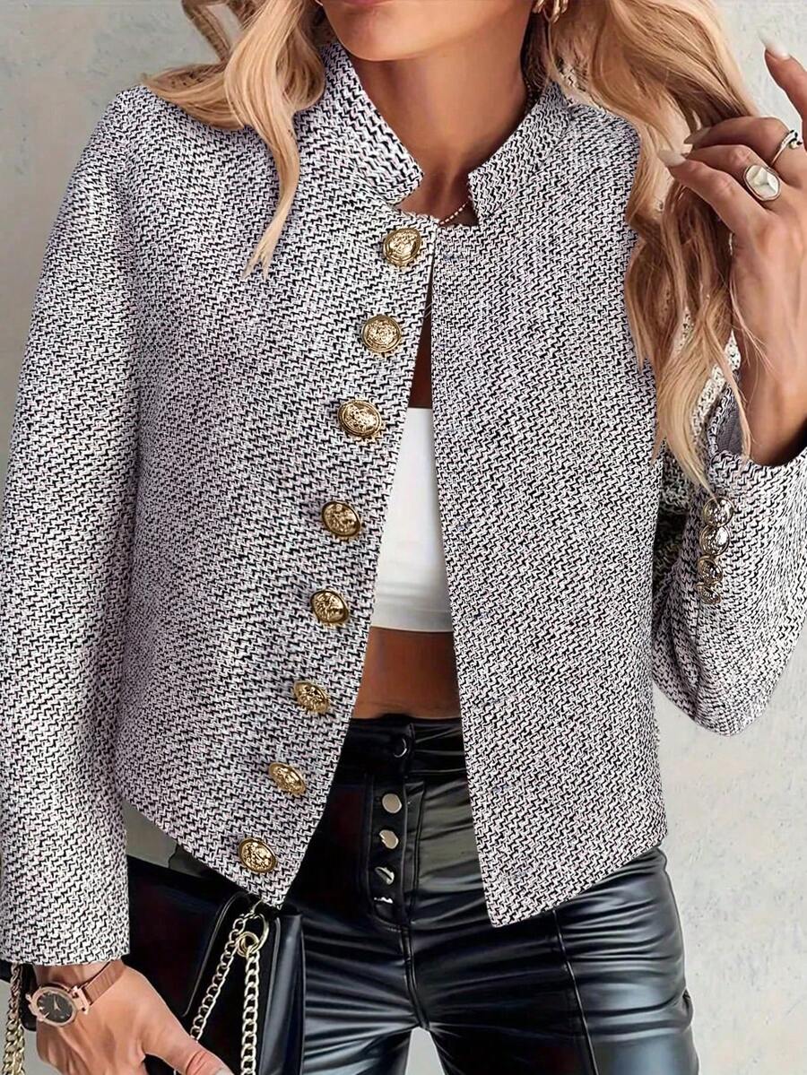 EMERY ROSE Women's Elegant Metal Buckle Decor Open Front Tweed Jacket - Pink - View 1