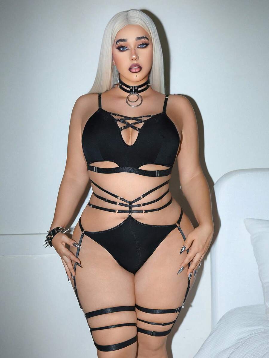 SHEIN 4件套时尚编织吊带性感内衣套装 - 黑色 - 查看 1