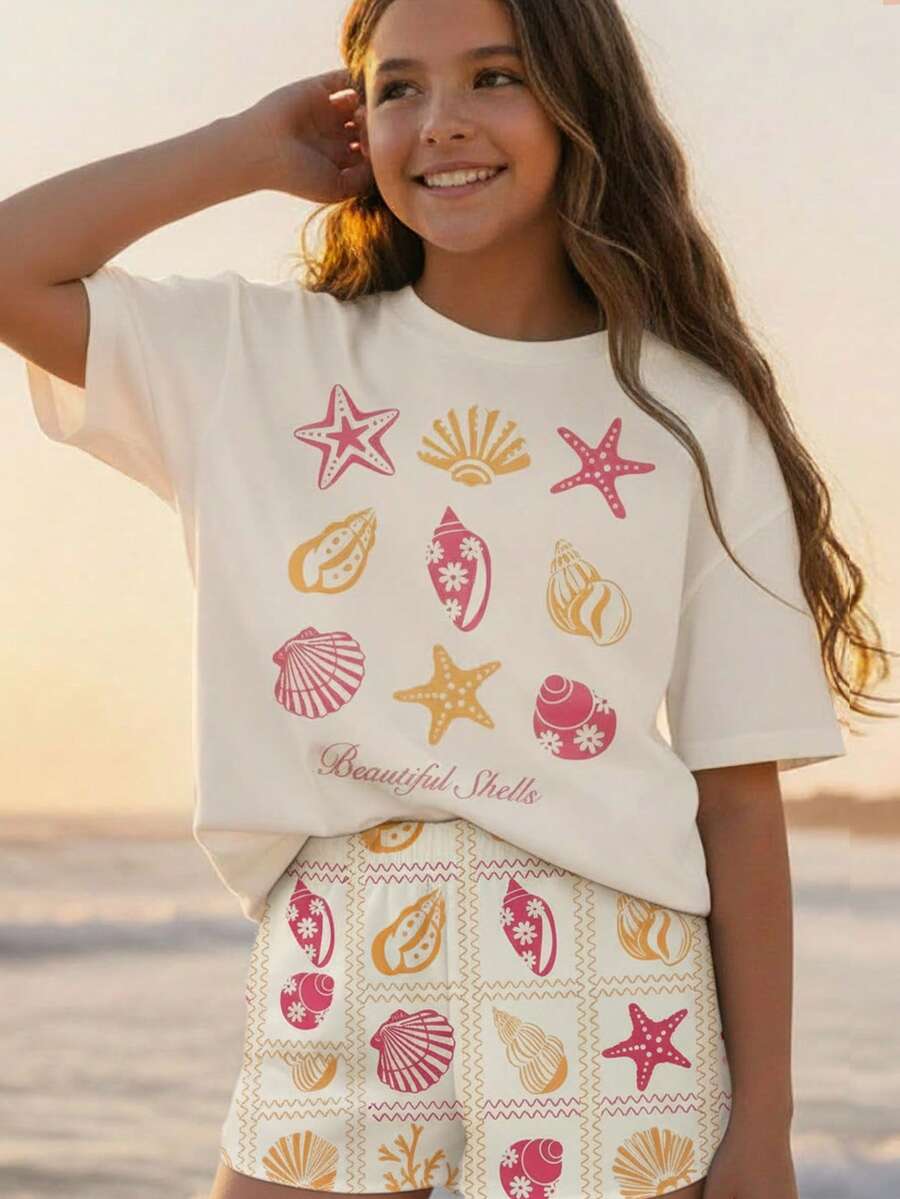 Travachic KIDS Travachic KIDS 2 件套青少年女孩休闲海星和贝壳海滩图案 T 恤和短裤套装,适合度假、居家、旅行、清凉夏日 - 彩色 - 查看 1