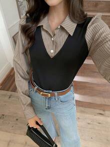 Elyressa Women's Striped Patchwork Shirt Collar 2 In 1 Long Sleeve Casual Top - Multicolor - View 7