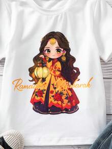 SHEIN Cartoon Girl Print Round Neck Short Sleeve Casual Versatile T-Shirt Young Girl Tops - White - View 3