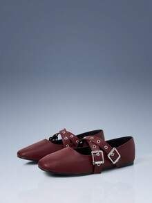 CUCCOO GRLICON Women's Buckle Design Casual Versatile Flat Loafers For Christmas - Burgundy - View 1