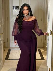 NU&NOW 大码网纱拼接露肩派对连衣裙 - 紫色 - 查看 4