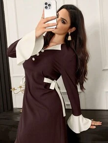 Modelyn Vestido Árabe de Manga Longa Elegante com Botões Coloridos em Contraste, Vestidos Árabes Elegantes Longos Estilo A Line, Para Festa à Noite/Convidado de Casamento/Vestidos Longos de Festa de Aniversário - Marrom - Visão 3