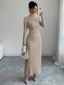 Elenzga Đầm nữ mới cổ chéo tay dài có gân, trang trí nút thắt eo, thiết kế nhún bèo, thường ngày đa năng, thanh lịch, mùa thu/đông - Màu Khaki - Xem 5