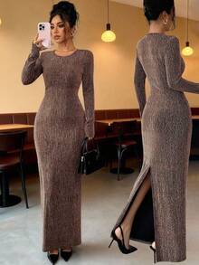Elenzga Váy dài ôm sát đính đá Rhinestone dành cho nữ - màu đen - Xem 4