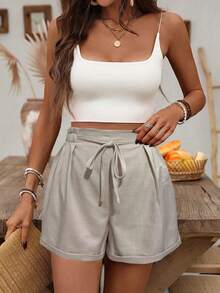 SHEIN LUNE Women's High Waist Tie Cuffed Casual Shorts, Light Khaki, Spring/Summer - Khaki - View 4