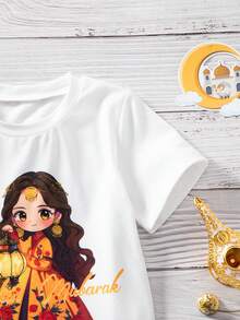 SHEIN Cartoon Girl Print Round Neck Short Sleeve Casual Versatile T-Shirt Young Girl Tops - White - View 5