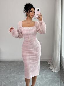 Elenzga Elegant Tweed Patchwork Chiffon Collared Dress, Suitable For Dates And Holidays - Pink - View 4