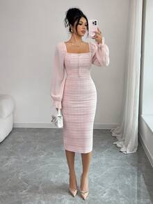 Elenzga Elegant Tweed Patchwork Chiffon Collared Dress, Suitable For Dates And Holidays - Pink - View 6