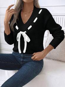 EMERY ROSE Women's V-Neck Front Tie Long Sleeve Casual Sweater, Autumn/Winter - Black - View 6