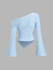 Sweetra 性感不对称肩部纹理面料不对称下摆休闲上衣 - 藍色 - 查看 2