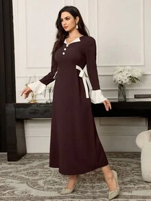 Modelyn Vestido Árabe de Manga Longa Elegante com Botões Coloridos em Contraste, Vestidos Árabes Elegantes Longos Estilo A Line, Para Festa à Noite/Convidado de Casamento/Vestidos Longos de Festa de Aniversário - Marrom - Visão 4