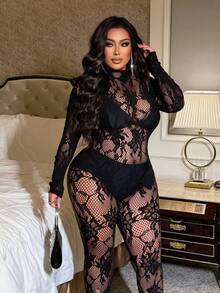 NU&NOW Tuta lunga con maniche lunghe trasparenti e schiena scoperta, taglie forti, per donna - nero - Visualizzare 5