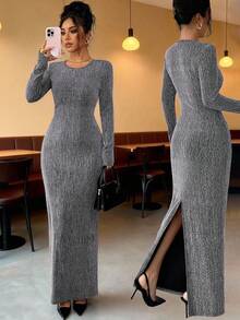 Elenzga Women's Rhinestone Embellished Fitted Long Dress - Silver - View 3