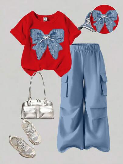 SHEIN ChillGRL 2件套少女休闲T恤和工装裤套装，蝴蝶刺绣图案圆领短袖T恤和裤子，春夏时尚套装