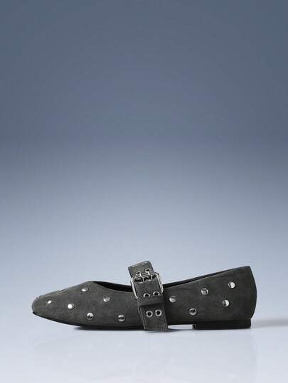 CUCCOO GRLICON Women's Solid Color Rivet Design Button Adjustable Flat Shoes For Christmas Valentine's Day