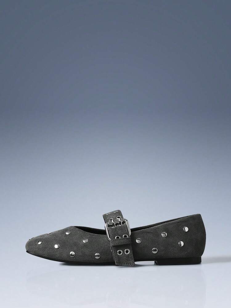 CUCCOO GRLICON Women's Solid Color Rivet Design Button Adjustable Flat Shoes, Motorcycle Style For Cool Girls, Suitable For Spring/Summer, Vacation, Travel, 2000s Style