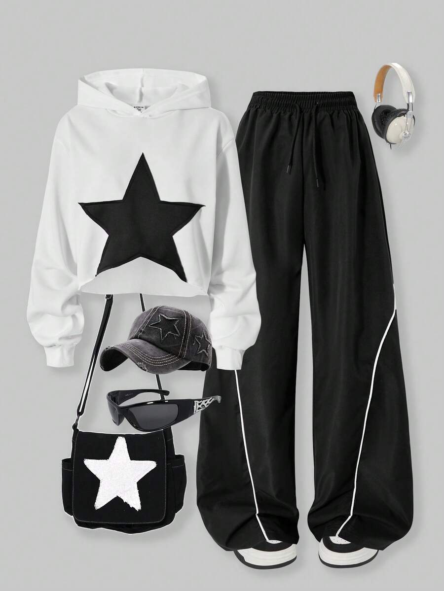 Sparklyn 2件套少女休闲宽松星花印花短款连帽T恤和运动裤套装 - 白色 - 查看 1