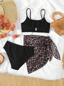 SHEIN Tween Girl 3pcs Set Solid Black Knitted Bikini Top & Leopard Print Skirt, Casual Beach Vacation Swimwear 3pcs Set, Beach Wear, Swimwear, For Vacation & Holiday Summer Beach Outfit - Black - View 4