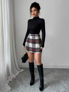 SHEIN Elenzya 2pcs Casual Elegant Retro Party Plaid T-Shirt And Skirt Set For Women - Multicolor - View 5