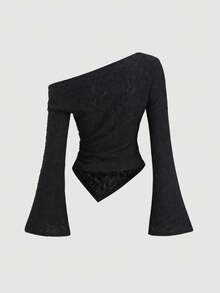 Sweetra Sexy Asymmetric Shoulder Textured Fabric Asymmetrical Hem Casual Top - Black - View 2