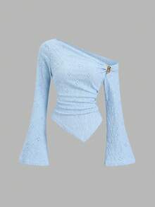 Sweetra 性感不对称肩部纹理面料不对称下摆休闲上衣 - 藍色 - 查看 6