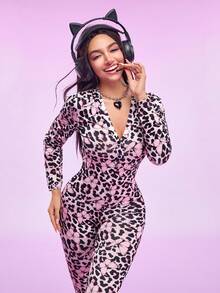 Notgurli 女士V领豹纹长袖性感连体衣 - 淺粉色 - 查看 7