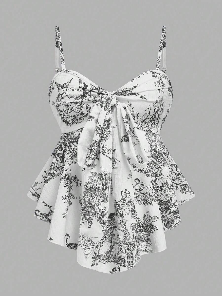 Qadelle 女士纹理印花收腰吊带背心，优雅百搭，适合度假、通勤和日常穿着 - 黑色 - 查看 1